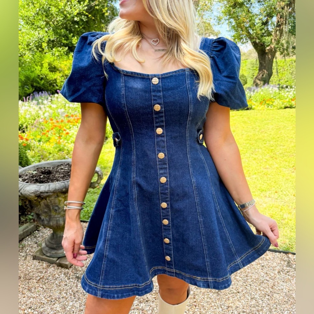 Denim mini dress with gold button detail